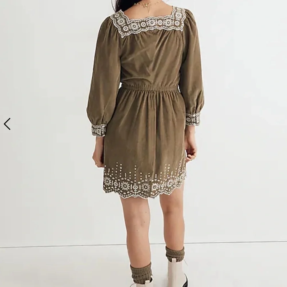 Madewell Embroidered corduroy olive green square neck mini dress‎ Sz PL new